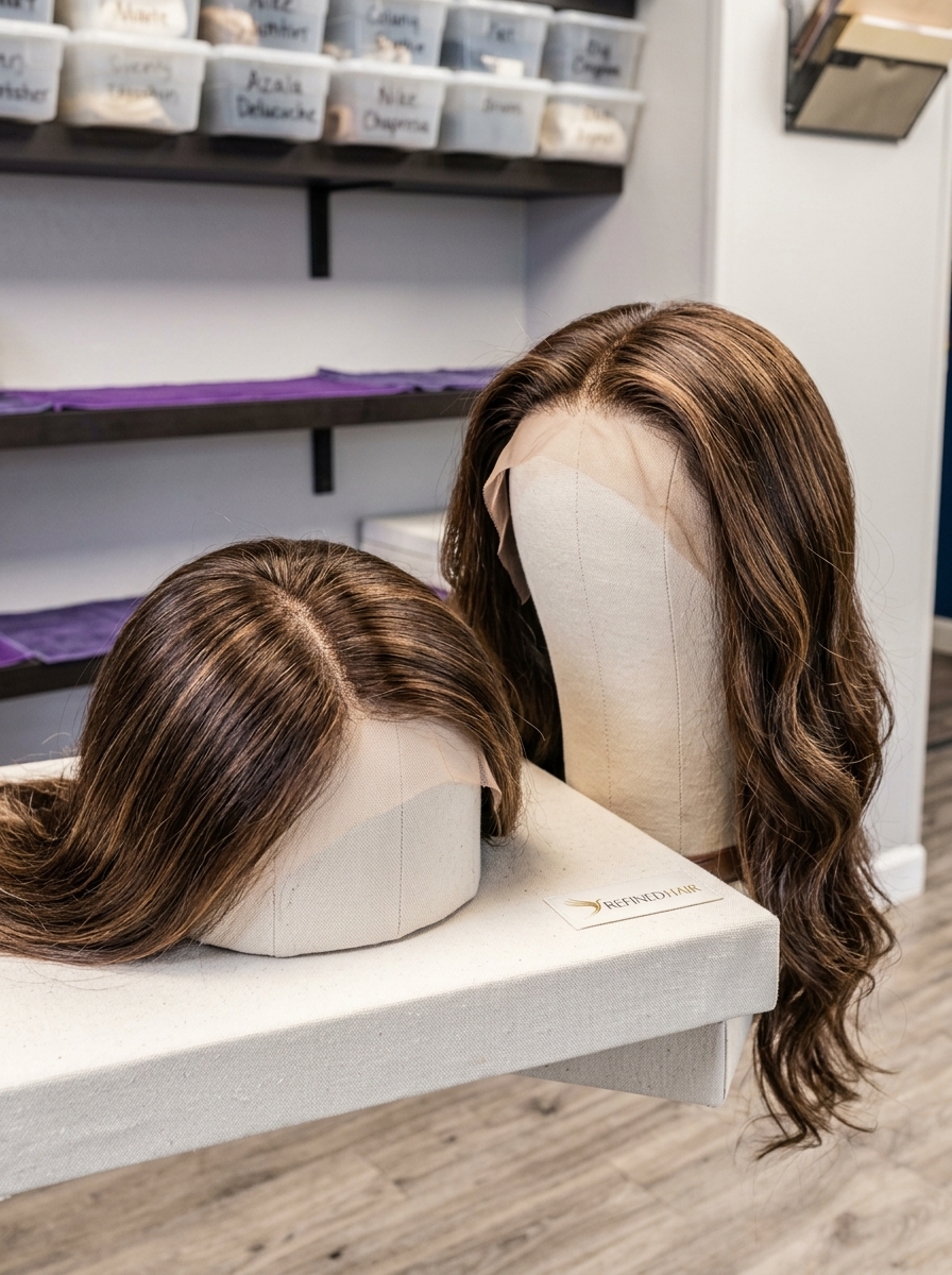 Two custom human hair wigs displayed on stands in the studio