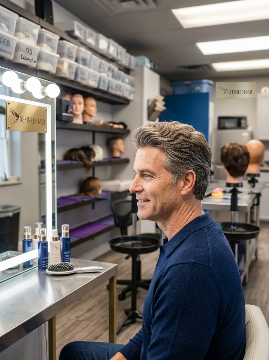 Male client with grey hair seated in the Refined Hair studio