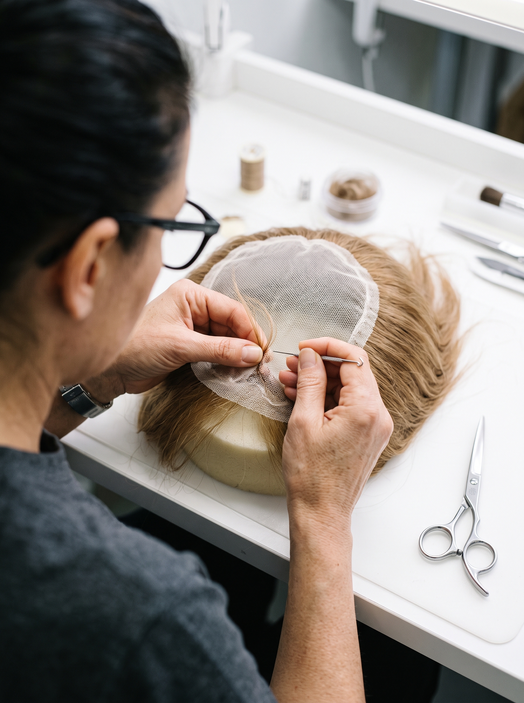 Specialist hand-tying hair into a lace base at the Refined Hair studio