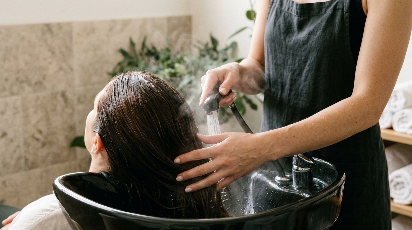 Client receiving a scalp wellness head spa rinse at Refined Hair