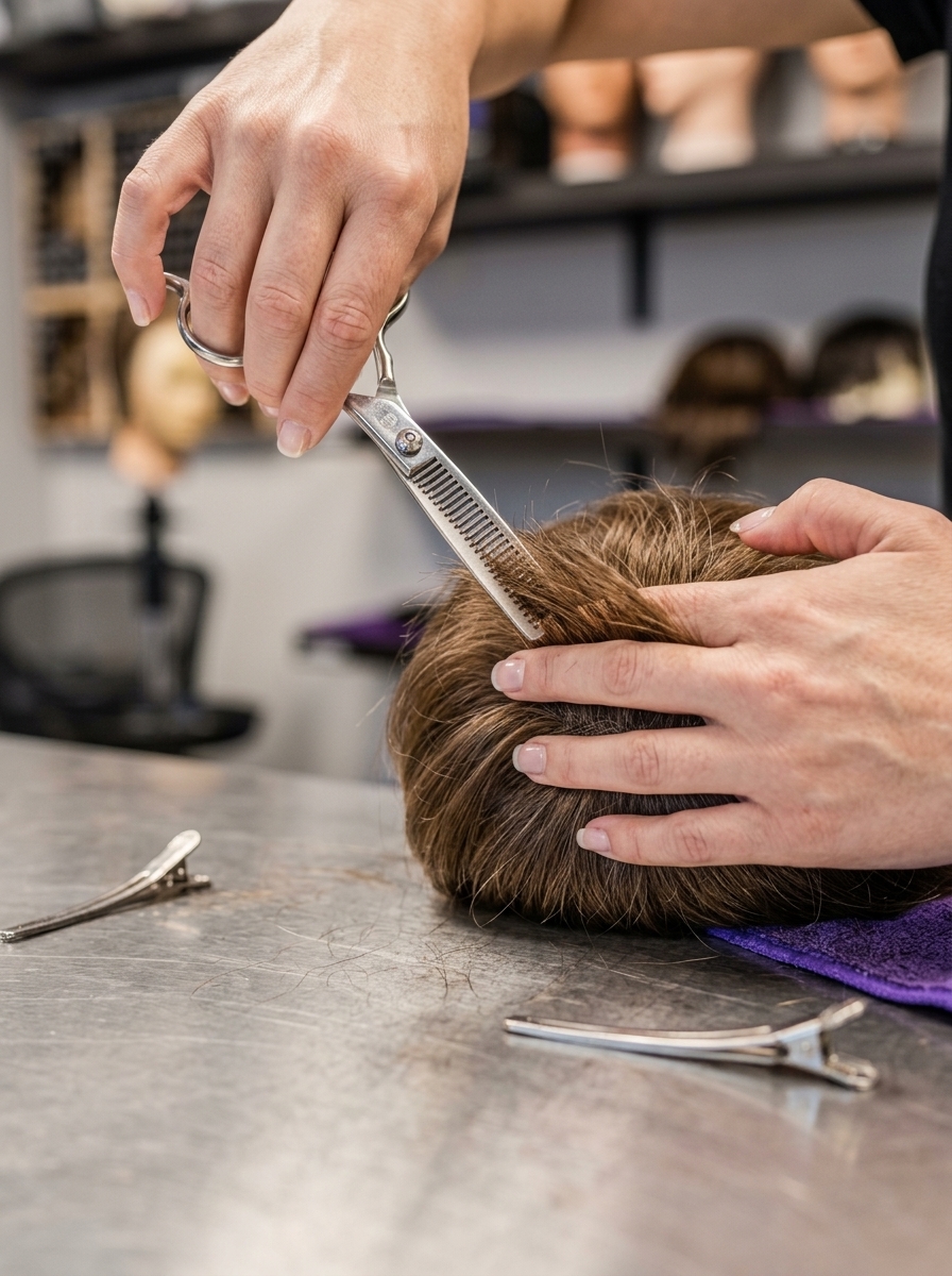 Stylist cutting a custom hair piece to shape on the workbench