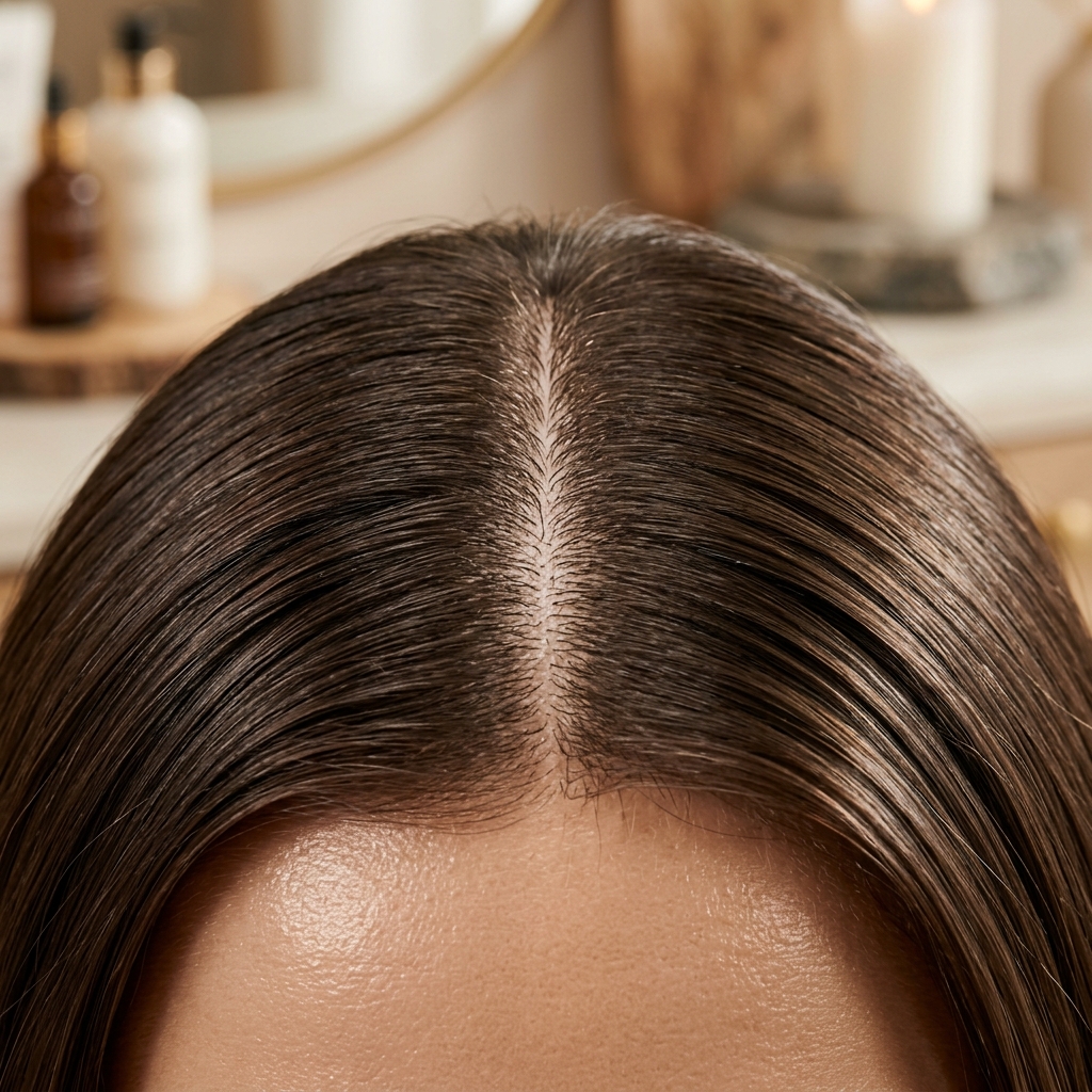 Close-up of a woman's centre part showing scalp and hair density