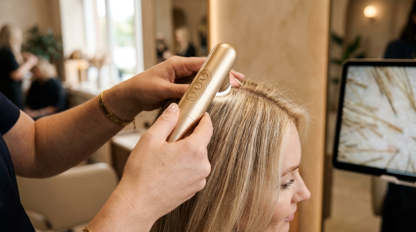 Specialist using a gold scalp health device on a client's hair part