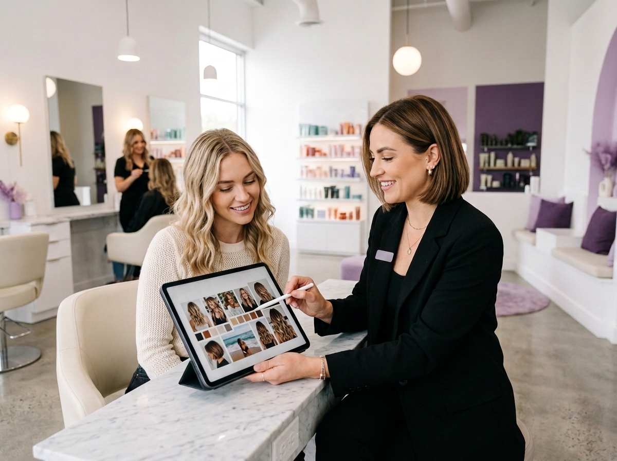 Consultant showing hair piece options to a client on a tablet