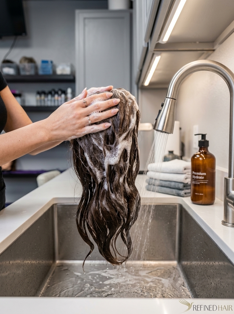 Custom hair piece being washed at the salon basin during maintenance