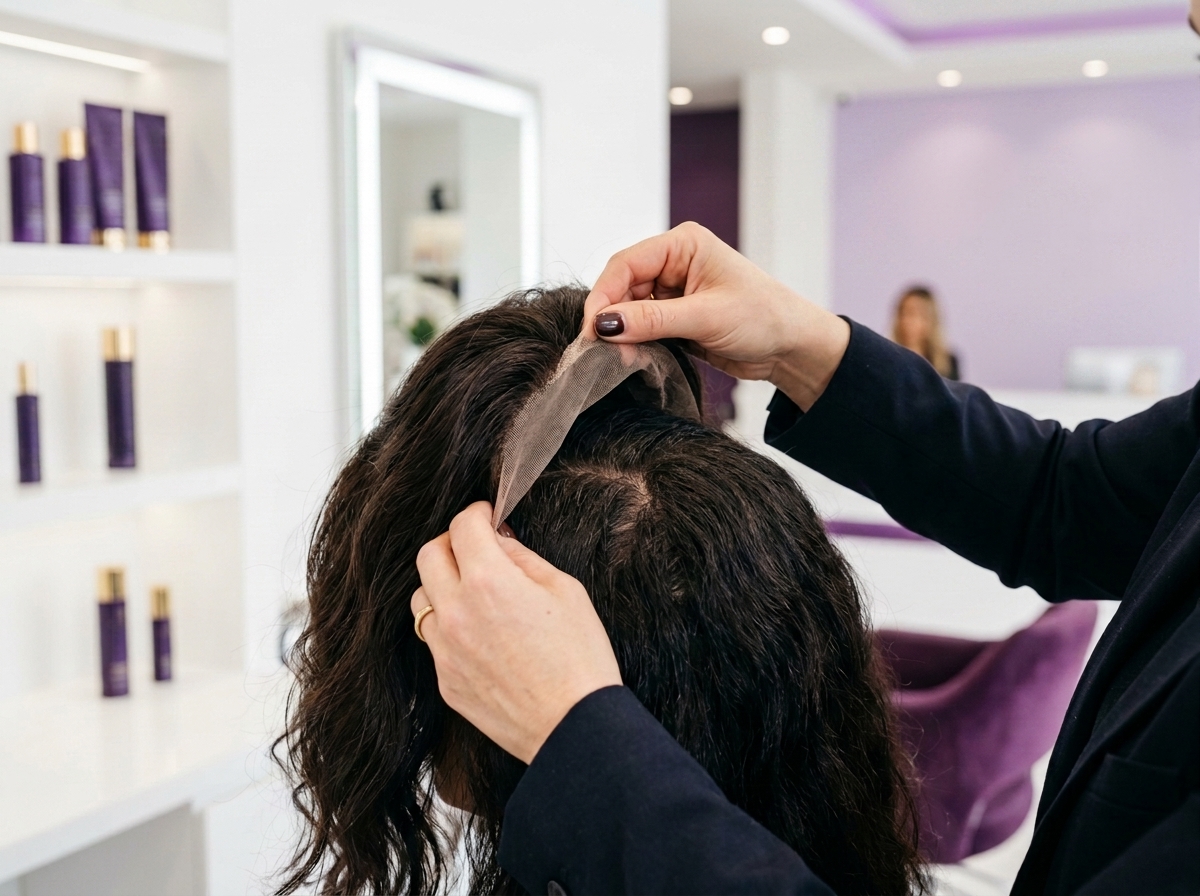 Stylist lifting a hair system away from the scalp during maintenance