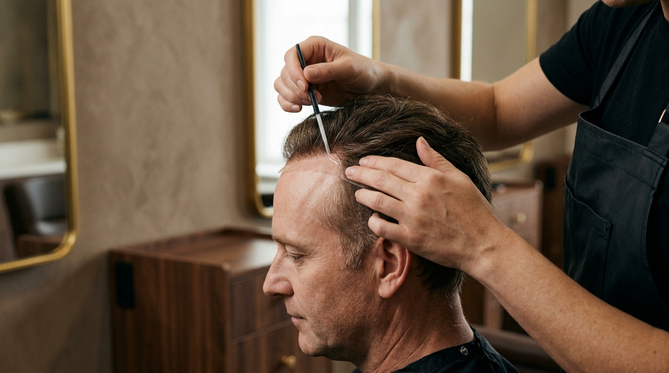 Close-up of a man's hairline being assessed during a non-surgical hair replacement consultation