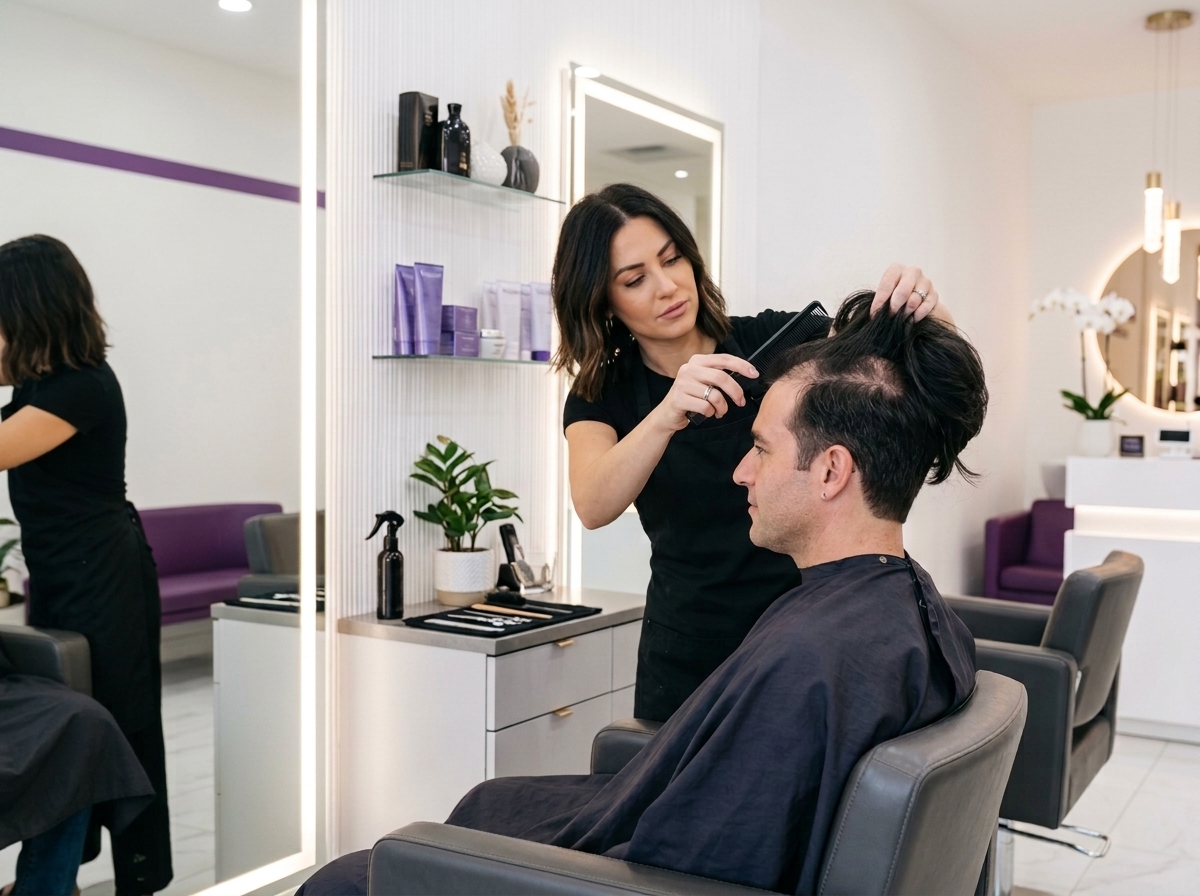 Comb blending a fitted hair system into the client's natural hair