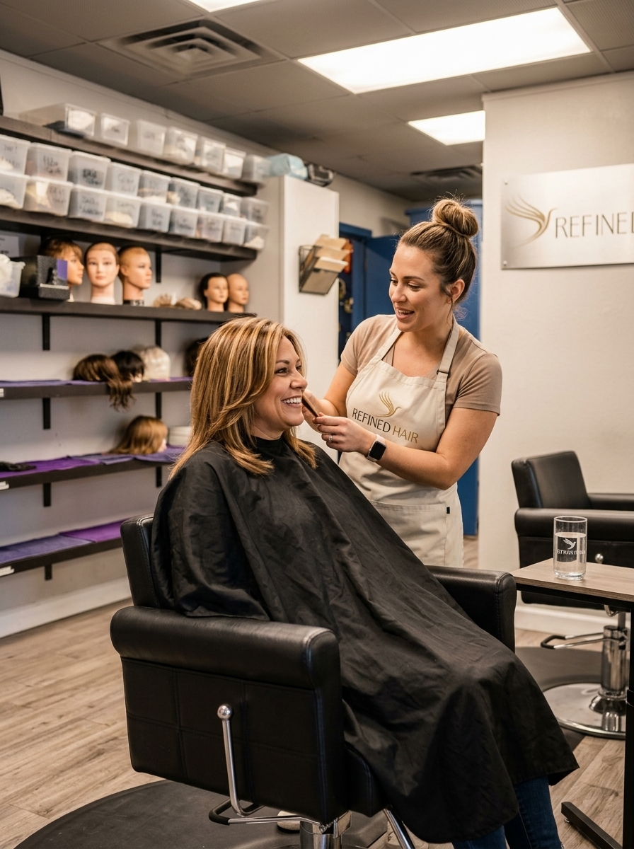 Refined Hair stylist styling a client's hair during a fitting