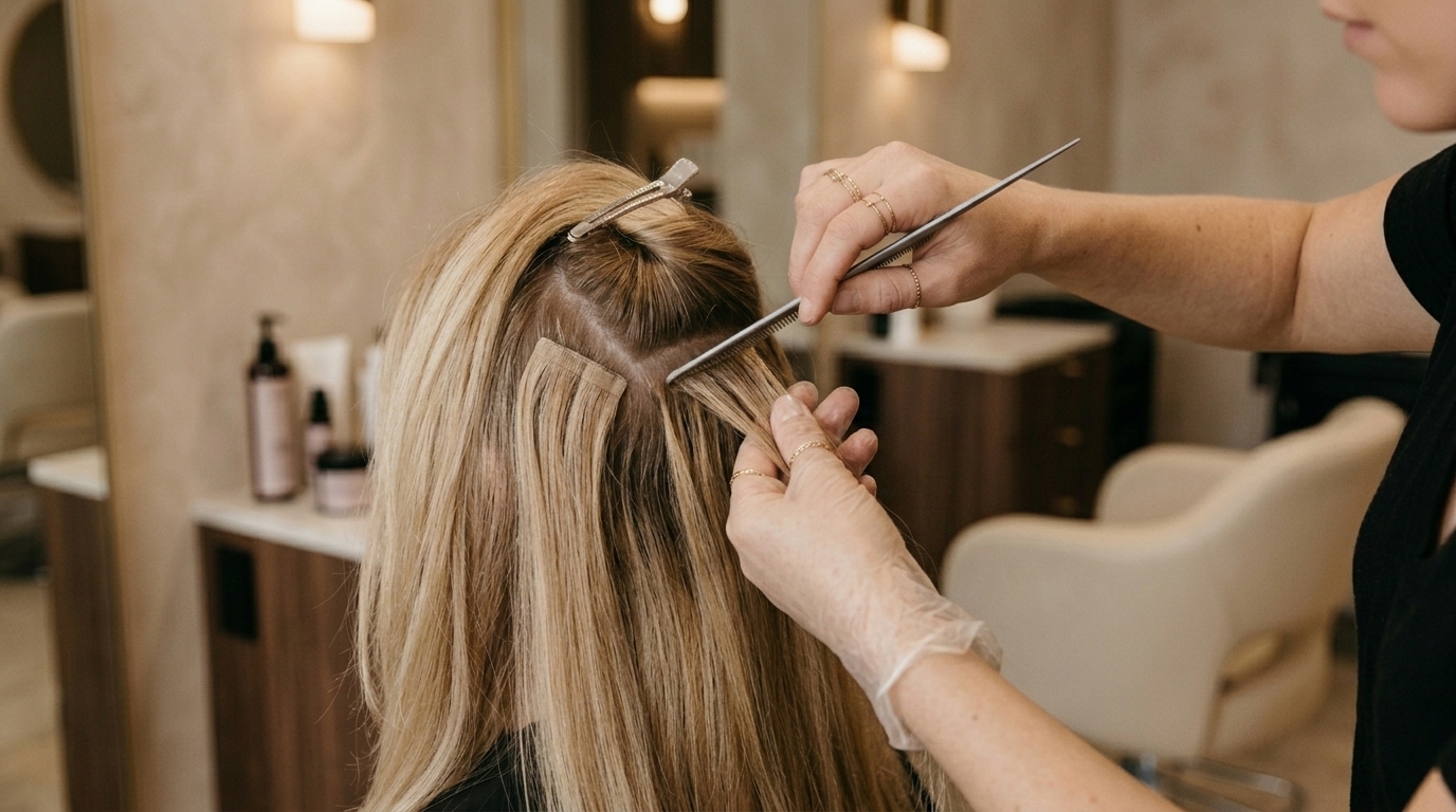 Stylist fitting hair extension wefts into a woman's blonde hair