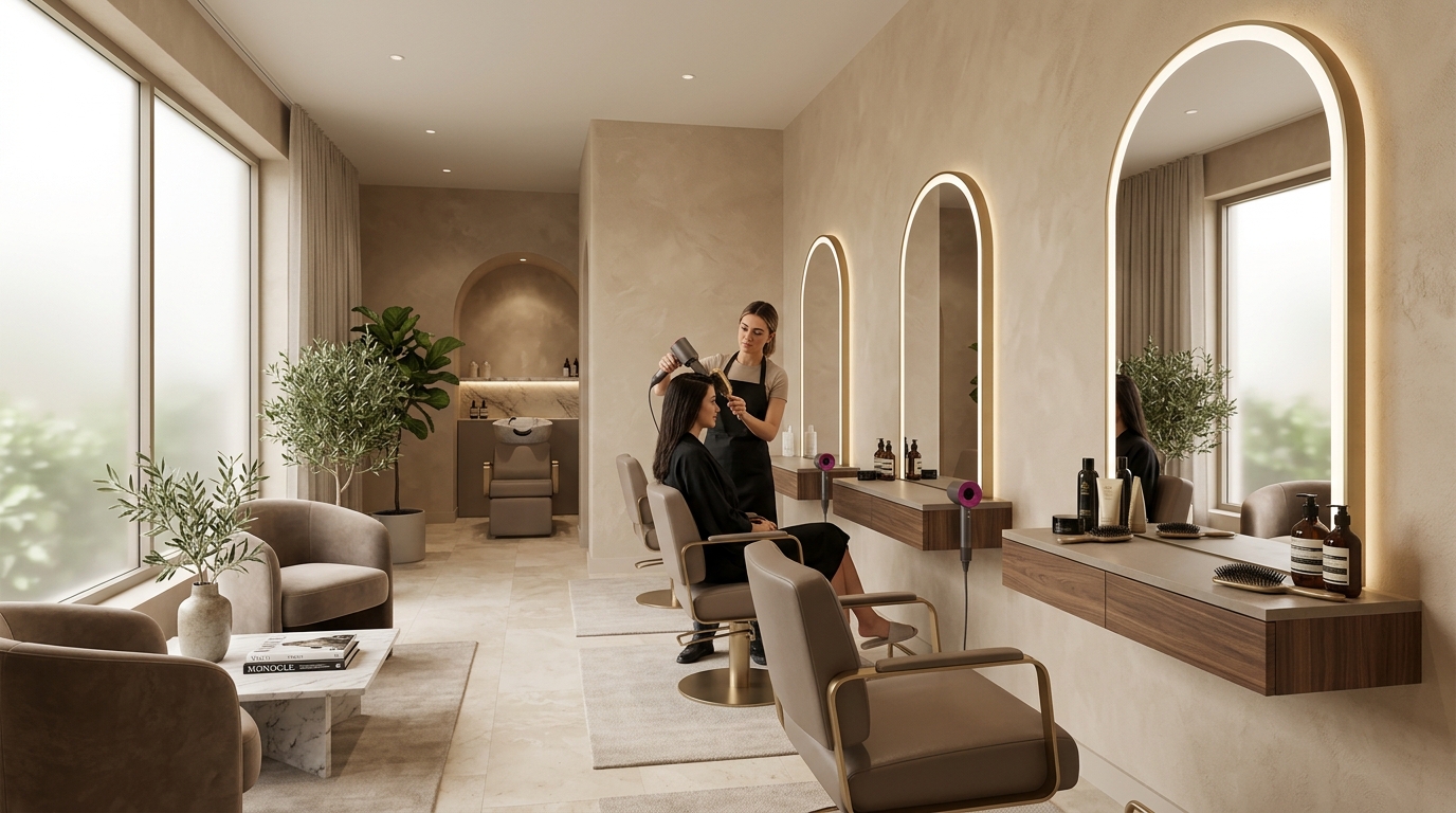Stylist blow-drying a client's hair in the calm, softly lit Refined Hair studio in Austin