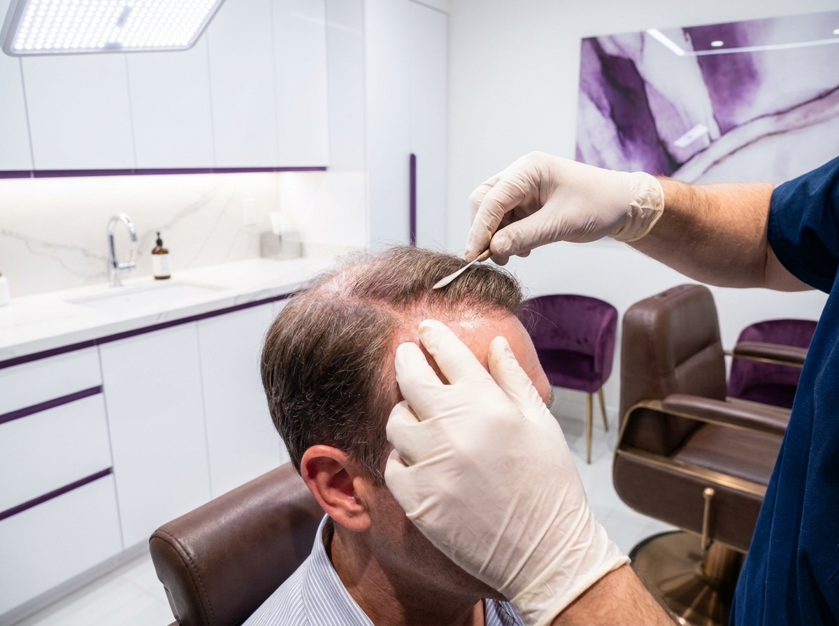 Specialist in gloves assessing a client's hairline before fitting a hair piece