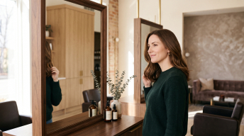 Client looking at her hair in the studio mirror