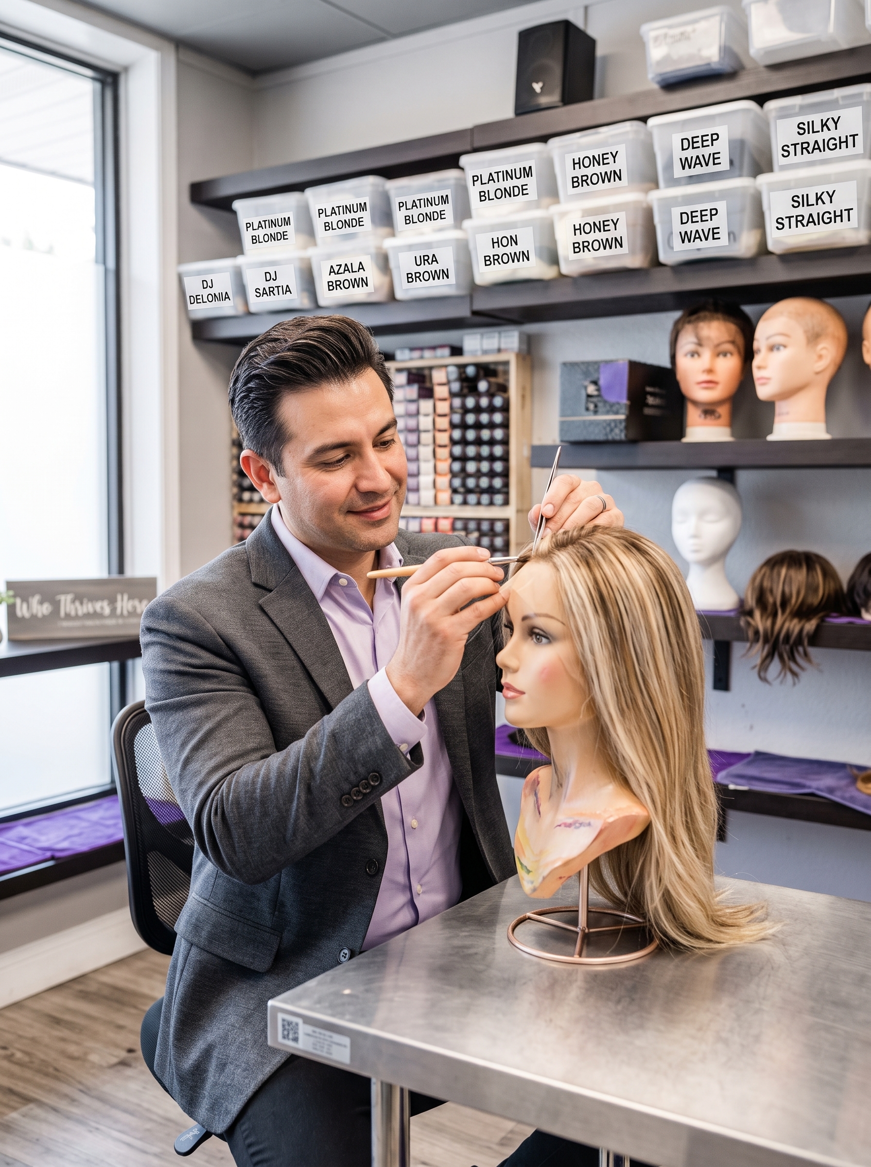 Stylist customizing a hair piece