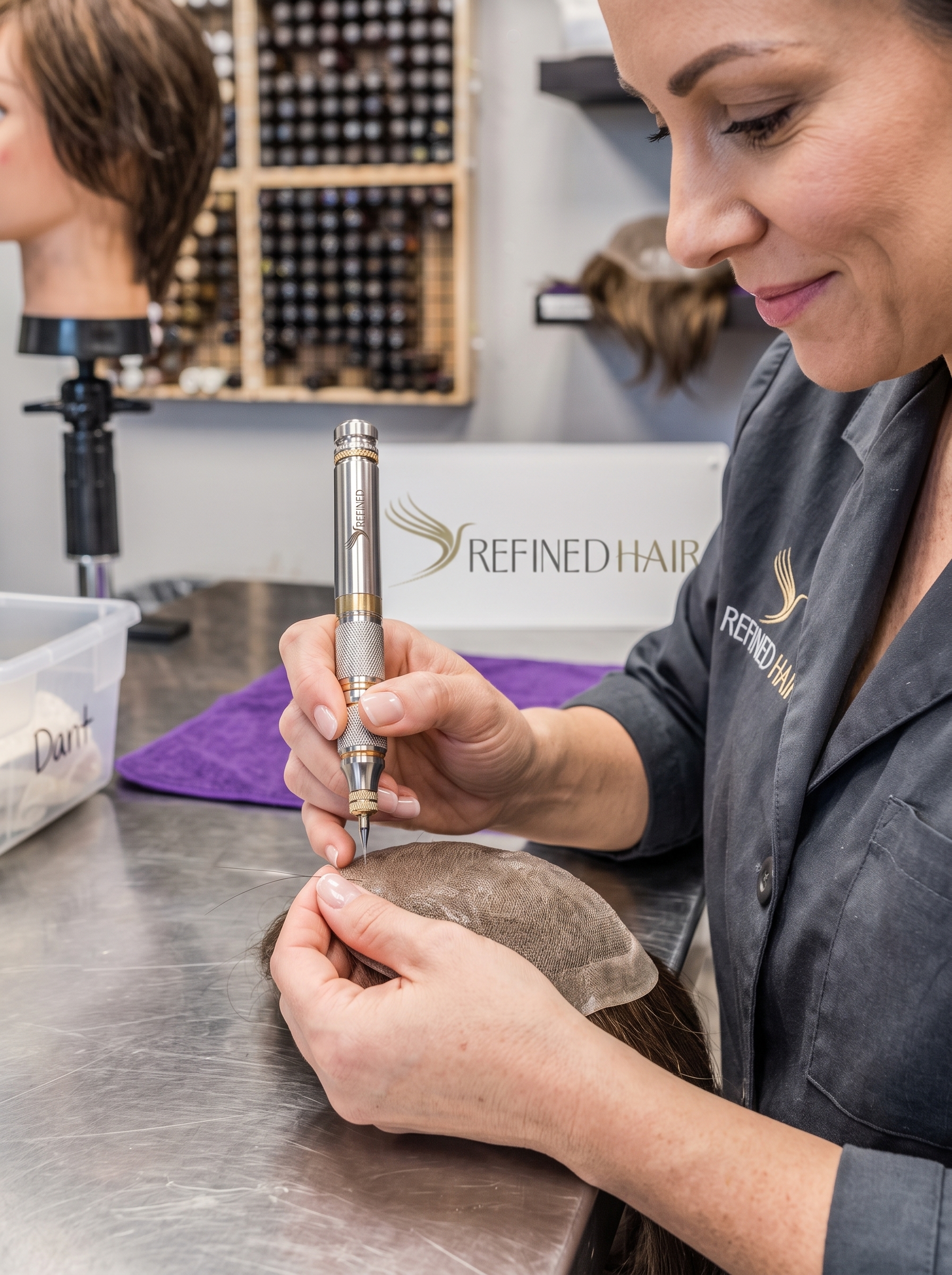 Specialist hand-tying a hair system