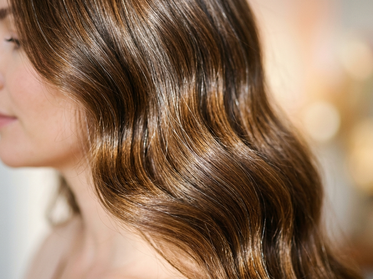 Side profile detail of long, healthy wavy brown hair
