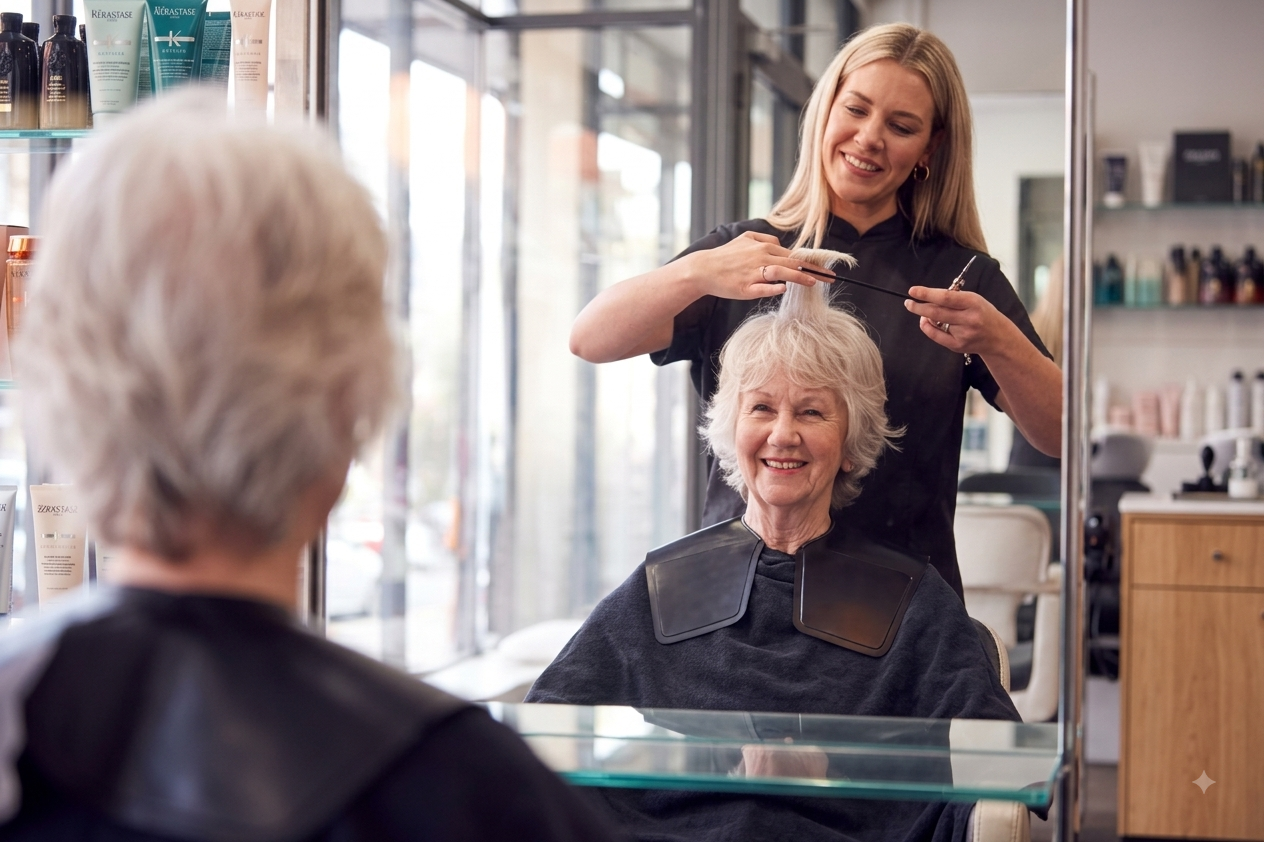Stylist finishing a client's hair at the Refined Hair studio in Austin