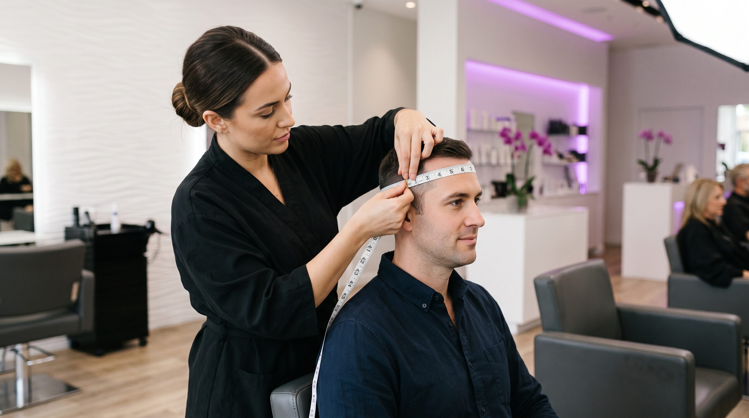 Measuring tape used to size a client's scalp for a hair system