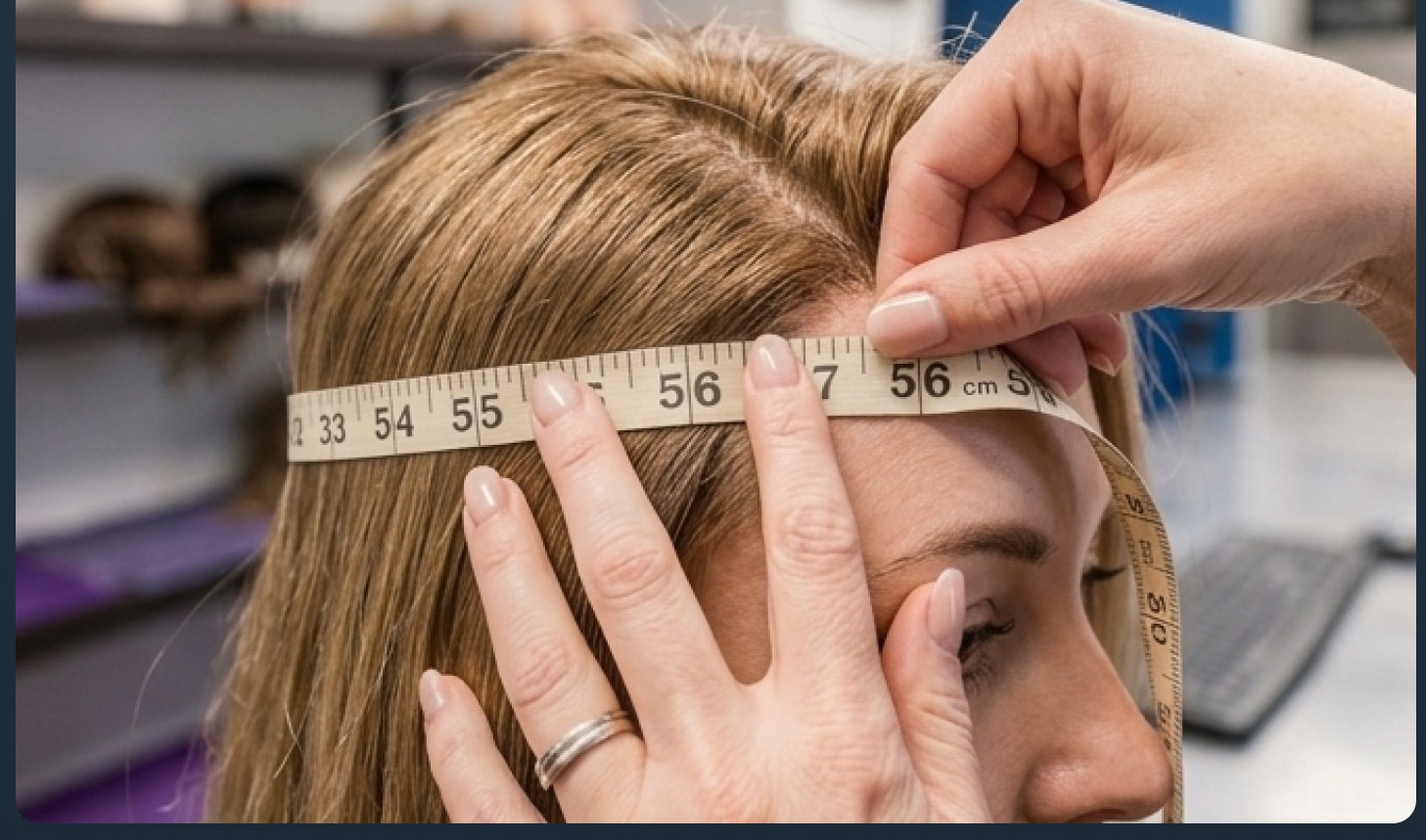 Measuring a client's head for a hair piece