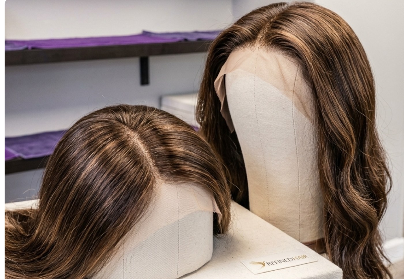 Two custom wigs on display stands