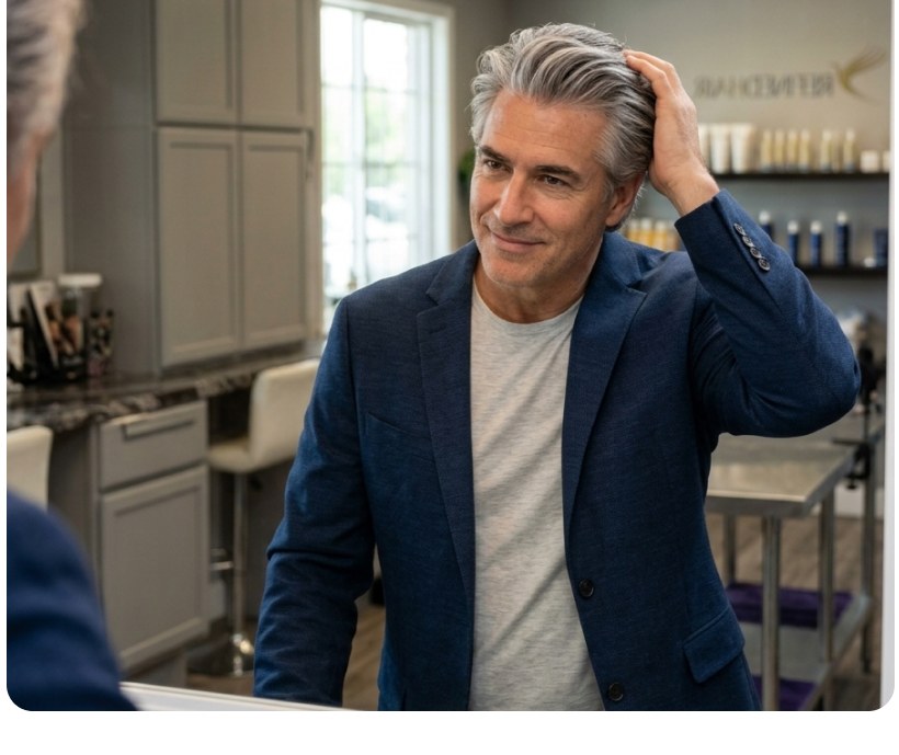 Man checking his hair in the mirror