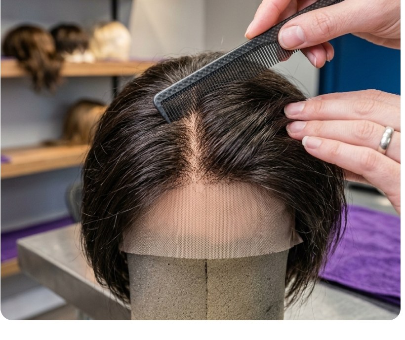 Combing a hair piece on a stand