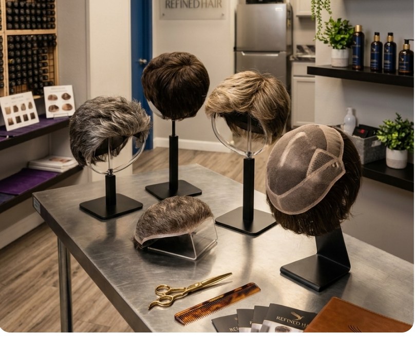 Wig stands in the Refined Hair studio