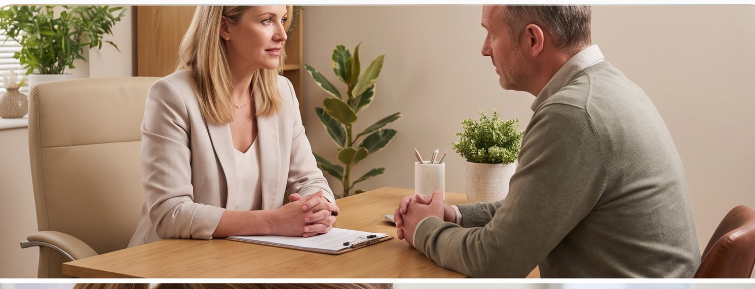 Consultant and client talking across a desk