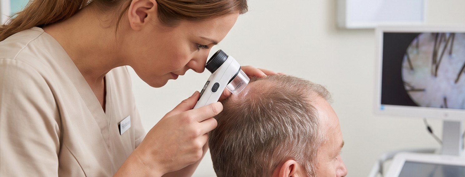 Specialist examining a client's scalp with a dermatoscope