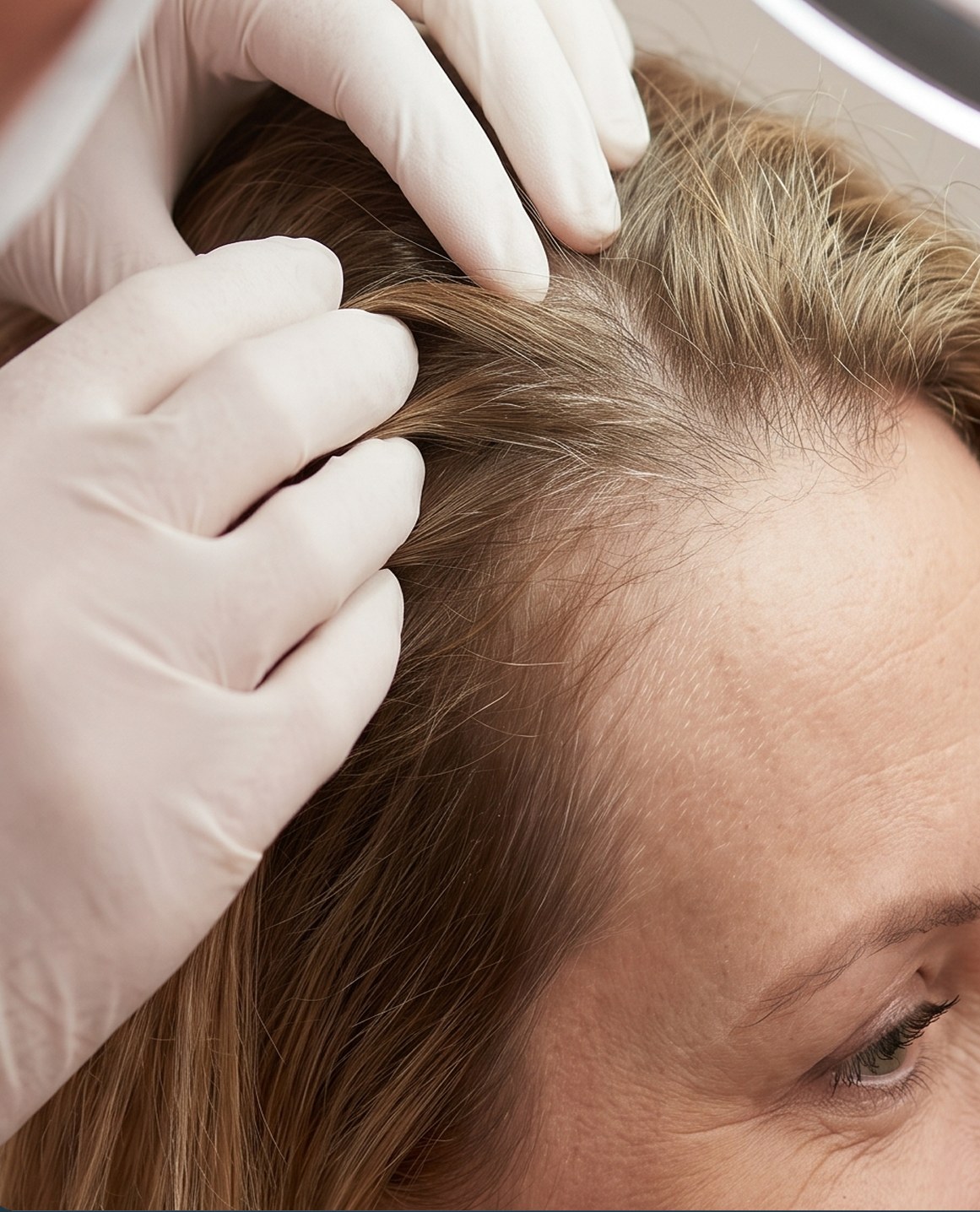 Gloved hands parting a woman's hair to check the scalp