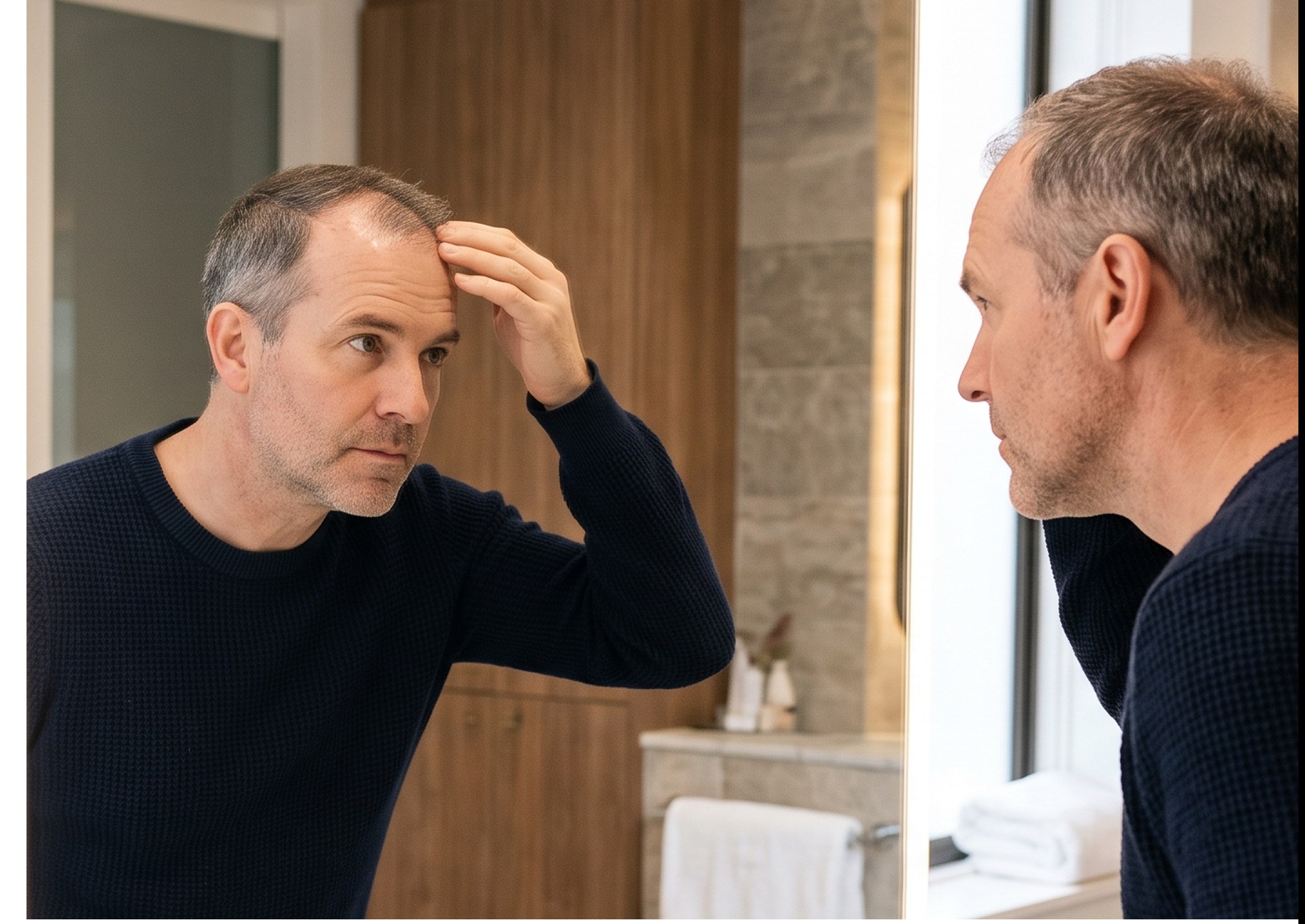 Man examining his thinning hairline in the mirror