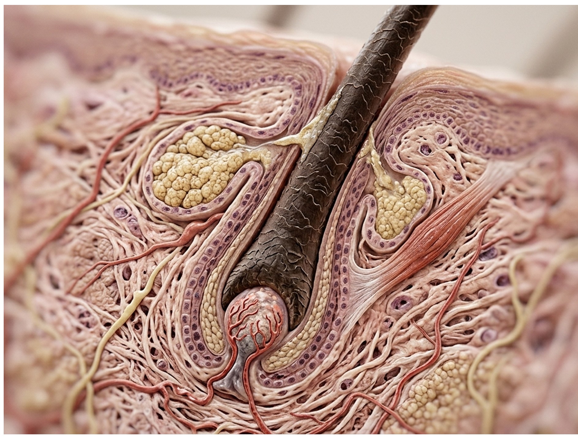 Cross-section illustration of a hair follicle in the scalp