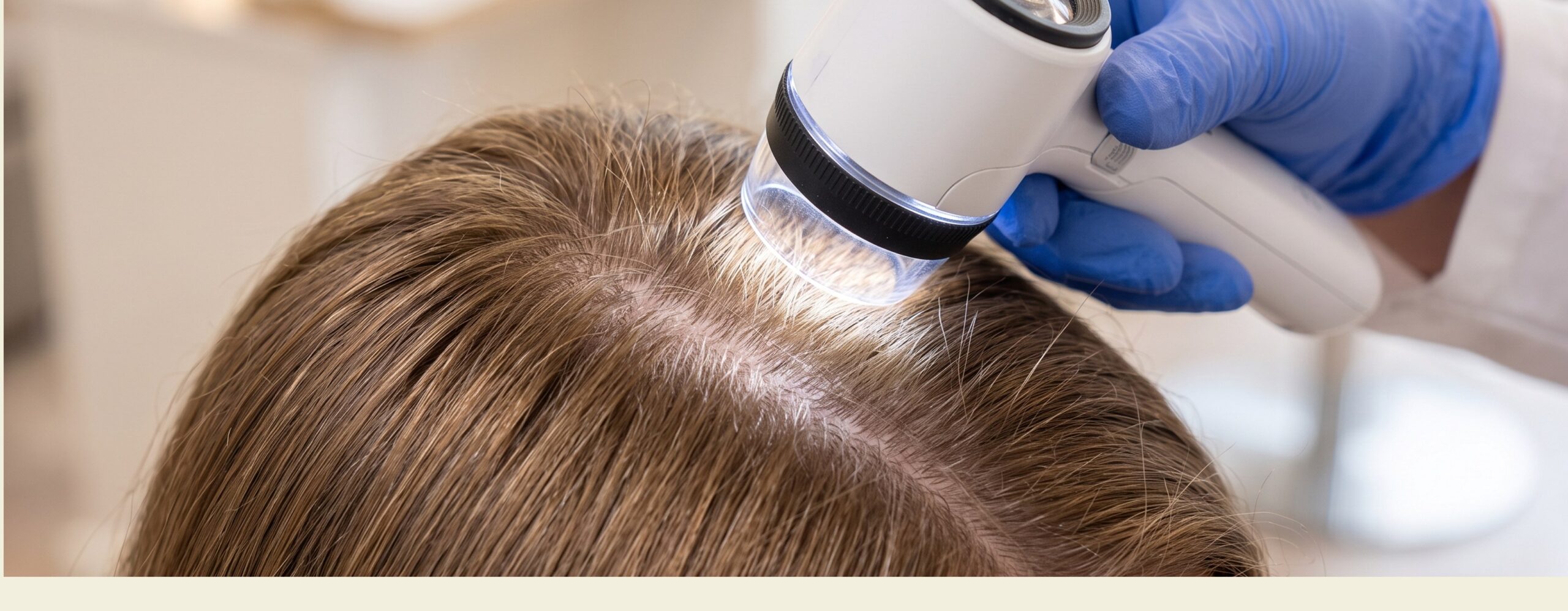 Specialist examining a scalp with a dermatoscope