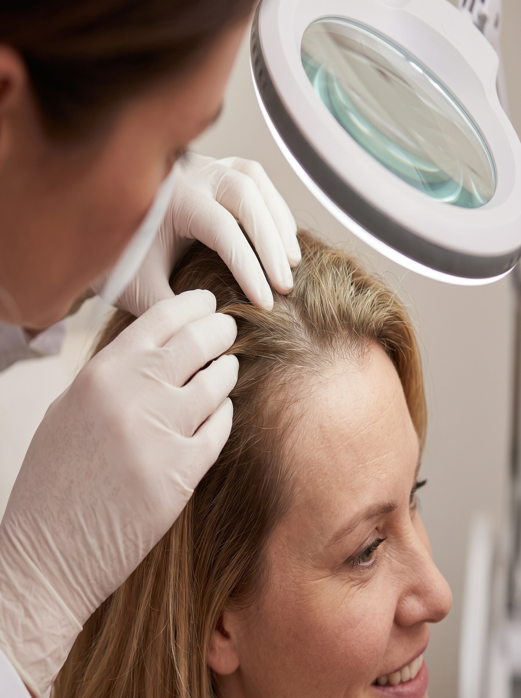Gloved hands parting a client's hair to check the scalp