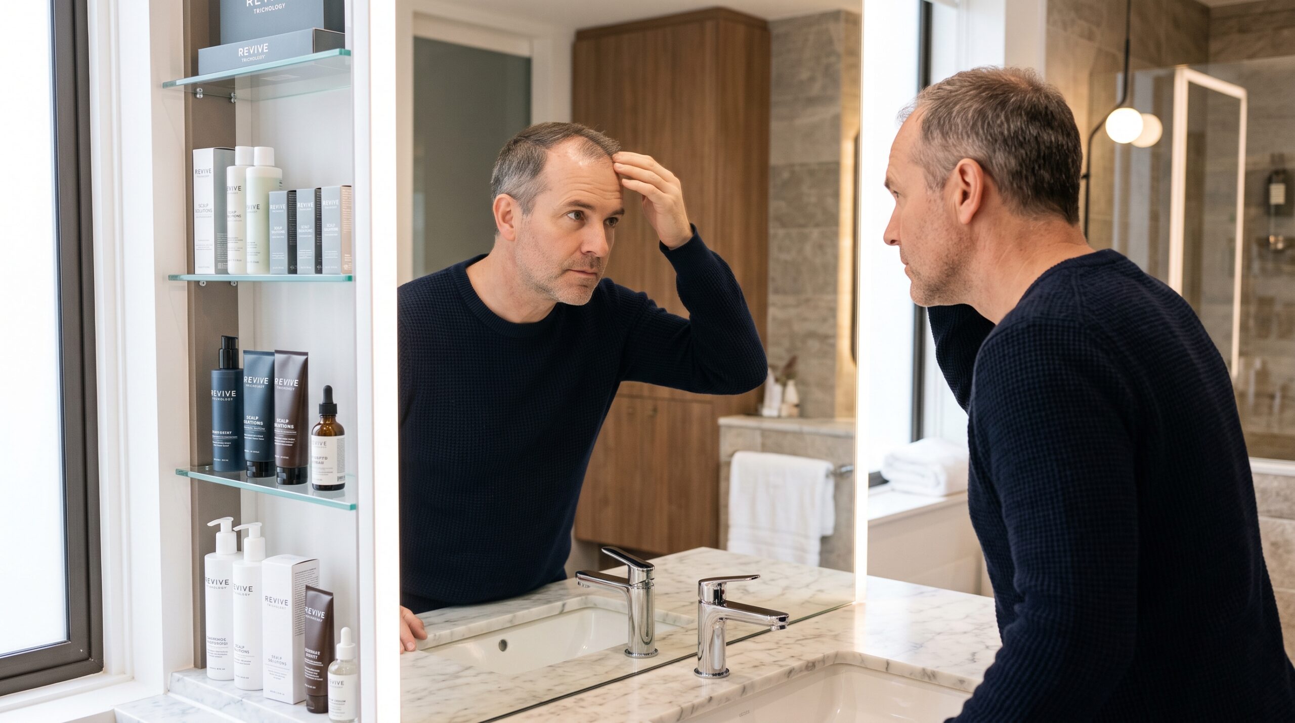 Man checking his hairline in the mirror