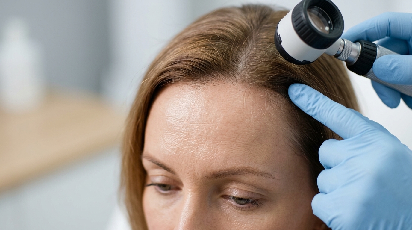 Specialist using a trichoscope on a client's hairline