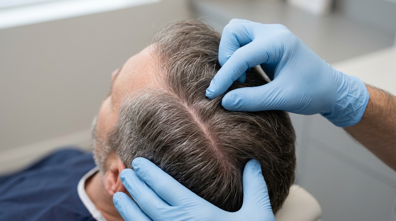 Gloved hands assessing a client's scalp